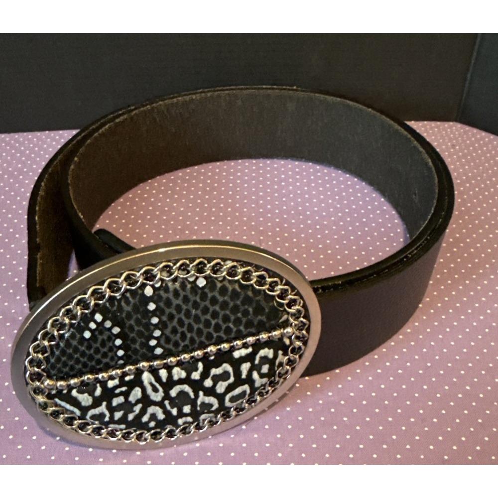 Chicos Womens Large Leather Belt Black Animal Print Snake Leopard Chain Buckle